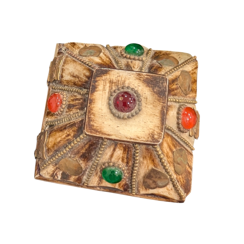 Vintage Trinket Box with Possible Camel Bone Inlay, Brass Fittings Purple Lining - Picture 3 of 13